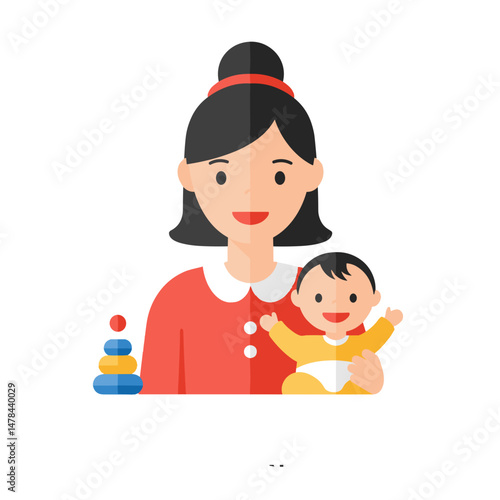 Woman Holding Baby Playing in Bright Indoor Setting. Summer Job, Hourly Babysitting Concept. Employment, Career, Childcare, Work