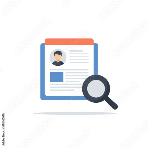 Resume Search Icon. Magnifying Glass over Resume. Flat Design. Job Search, Recruitment, Hiring concept. Symbol for Employment, Career, HR, Hiring Process