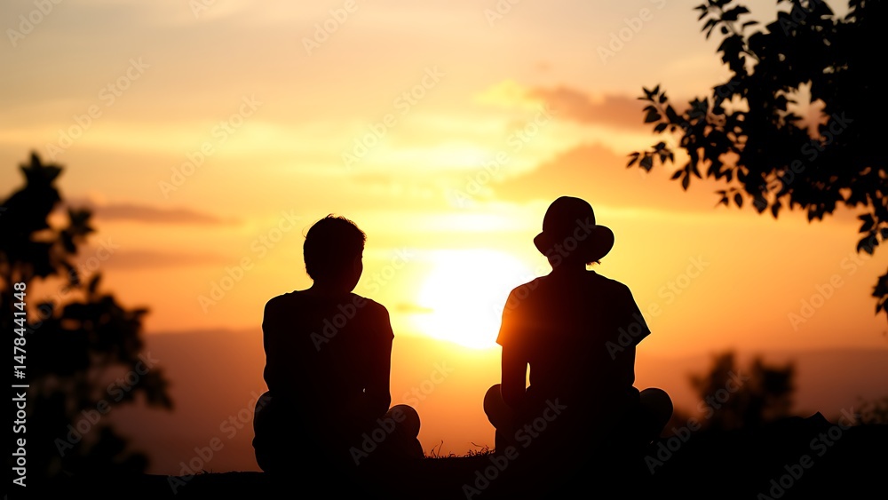 Meditative Sunset View: Two Silhouettes by Trees Meditative Sunset View: Two Silhouettes by Trees