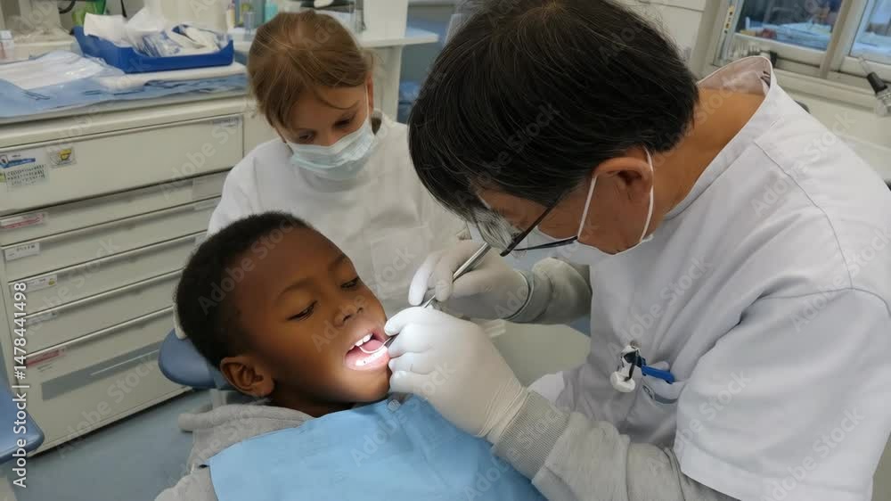 Boy Patient Receiving a Dental Checkup from a Dentist with Assistant in a Clinic, Oral Care and Dentistry Concept. Boy Patient Receiving a Dental Checkup from a Dentist with Assistant in a Clinic, Oral Care and Dentistry Concept.