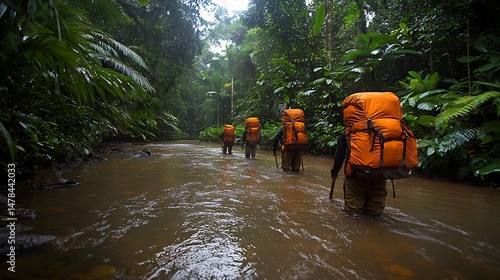 Hikers Crossing Rainforest Stream.