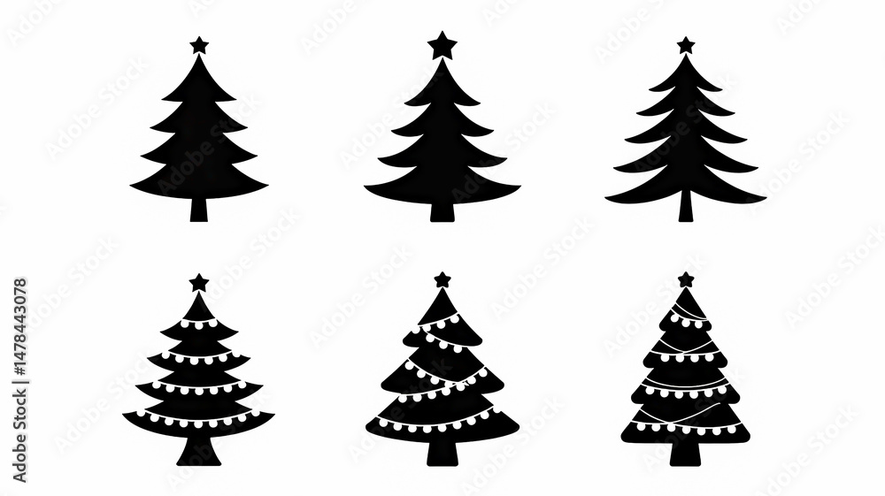 Obraz premium Enchanting Black and White Christmas Tree Silhouettes with Sparkling Festive Lights
