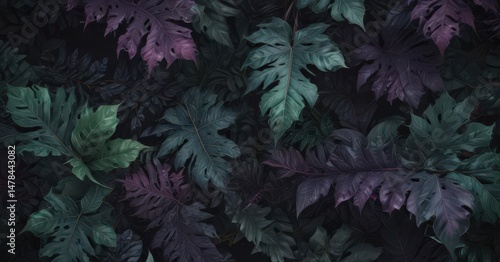 Intricate dark foliage, deep green & purple exotic leaves, mysterious pattern, decor, wallpaper