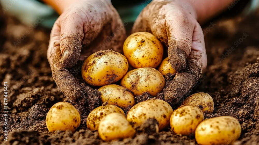Hands of man picking up potatoes from soil Hands of man picking up potatoes from soil