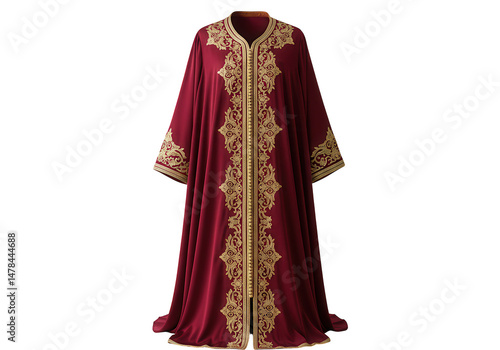 Maroon caftan with golden embroidery isolated on transparent background
