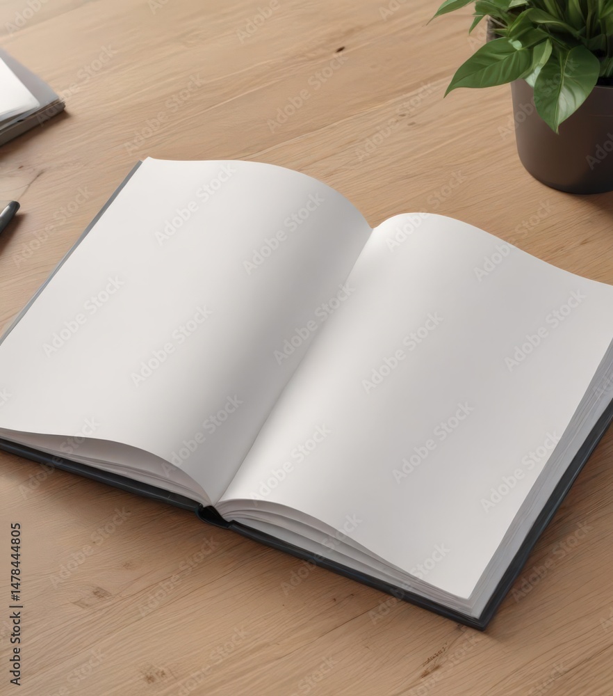 Fototapeta premium Open vertical photo album mockup, showing clean blank pages for customization , flatlay, presentation, vertical