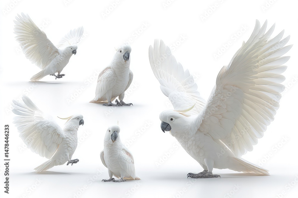 Obraz premium Collection of cockatoo, white parrot isolated on white background