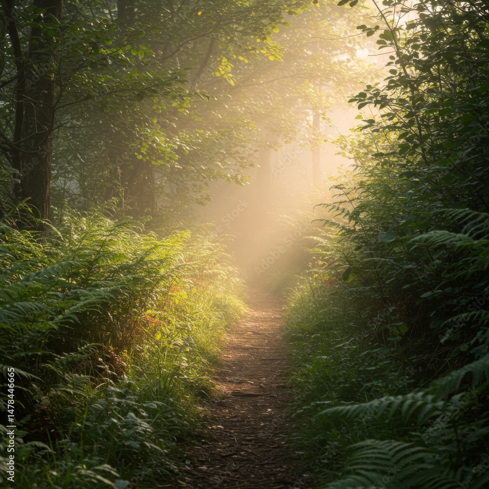 Obraz premium Sunlit Forest Path with Morning Mist