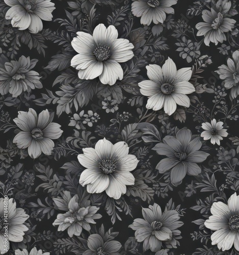 Dark grey floral wallpaper, small scale seamless pattern, intricate design , minimal, repeat