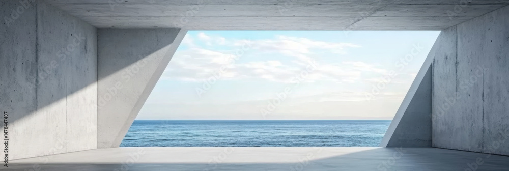 Fototapeta premium Abstract empty, modern concrete room with light diagonal wall opening with ocean view on the back wall