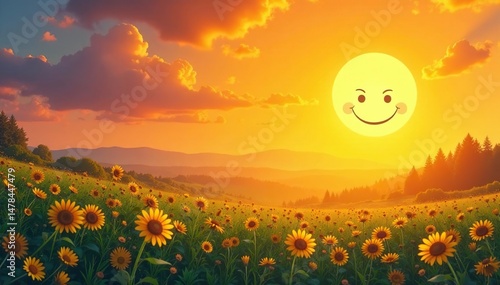 Smiling sun peeking over a bright, cheerful Monday morning Perfect for calendars, social media, or websites , fresh, light