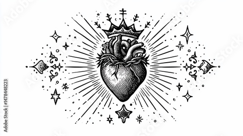 Crowned anatomical heart bursting with light