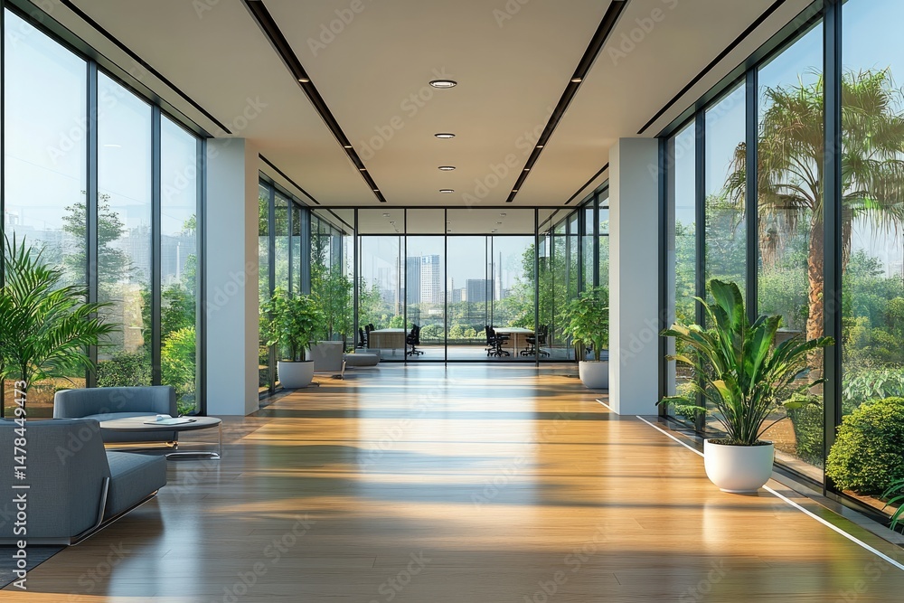 Fototapeta premium Modern office corridor with panoramic city views.