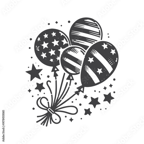 Vintage Hand-Drawn Fourth of July with Balloons Illustration – Patriotic Celebration Engraved Style Vector for T-Shirts, Posters, Stickers, and Independence Day Themes Apparel