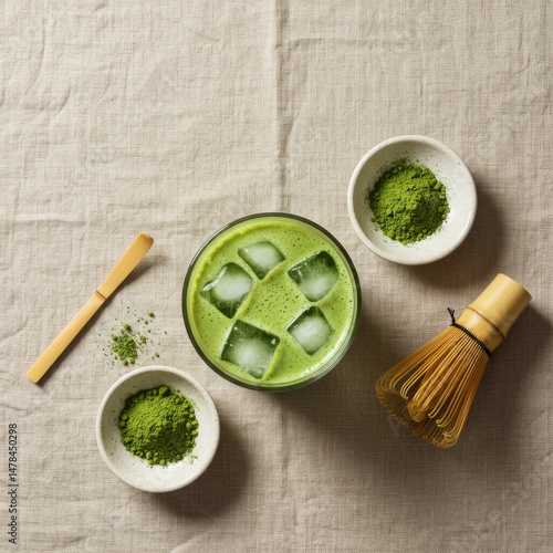 Iced Matcha Green Tea Drink with Whisk and Powder
