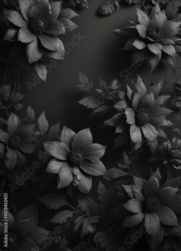 Intricate charcoal floral wallpaper, abstract botanicals  , texture, elegant