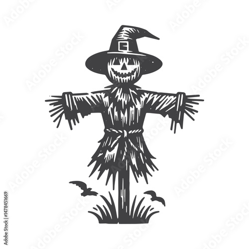 Vintage Hand-Drawn Halloween with Scarecrows Illustration – Spooky Night Engraved Style Vector for T-Shirts, Posters, Stickers, and Halloween Themes Apparel
