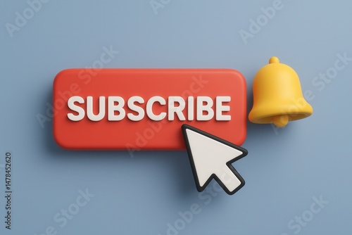 Mouse cursor clicking subscribe button and notification bell on blue background