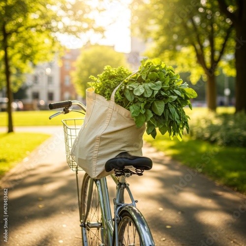 Bicycle with a Bag of Fresh Herbs in a Sunny Park