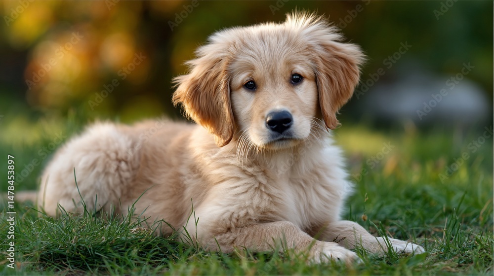 Golden puppy resting on vibrant grass Golden puppy resting on vibrant grass