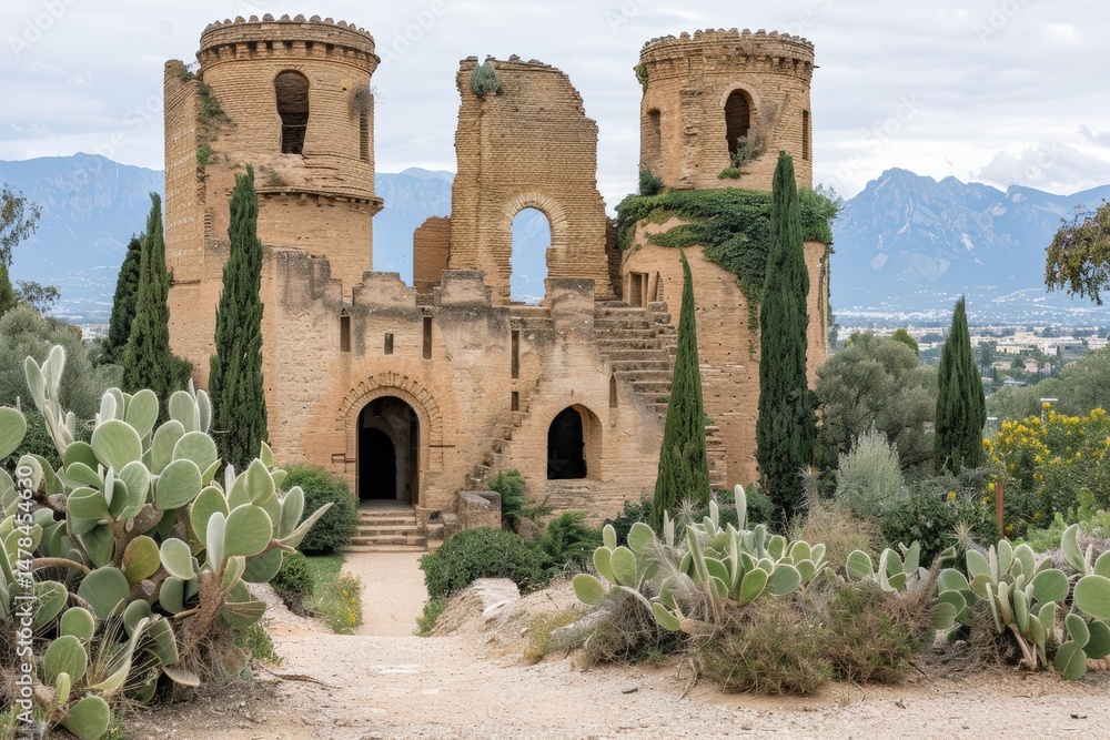 Ancient stone castle ruins with round towers, surrounded by cacti and greenery, set against a backdrop of distant mountains and cloudy skies. Ancient stone castle ruins with round towers, surrounded by cacti and greenery, set against a backdrop of distant mountains and cloudy skies.