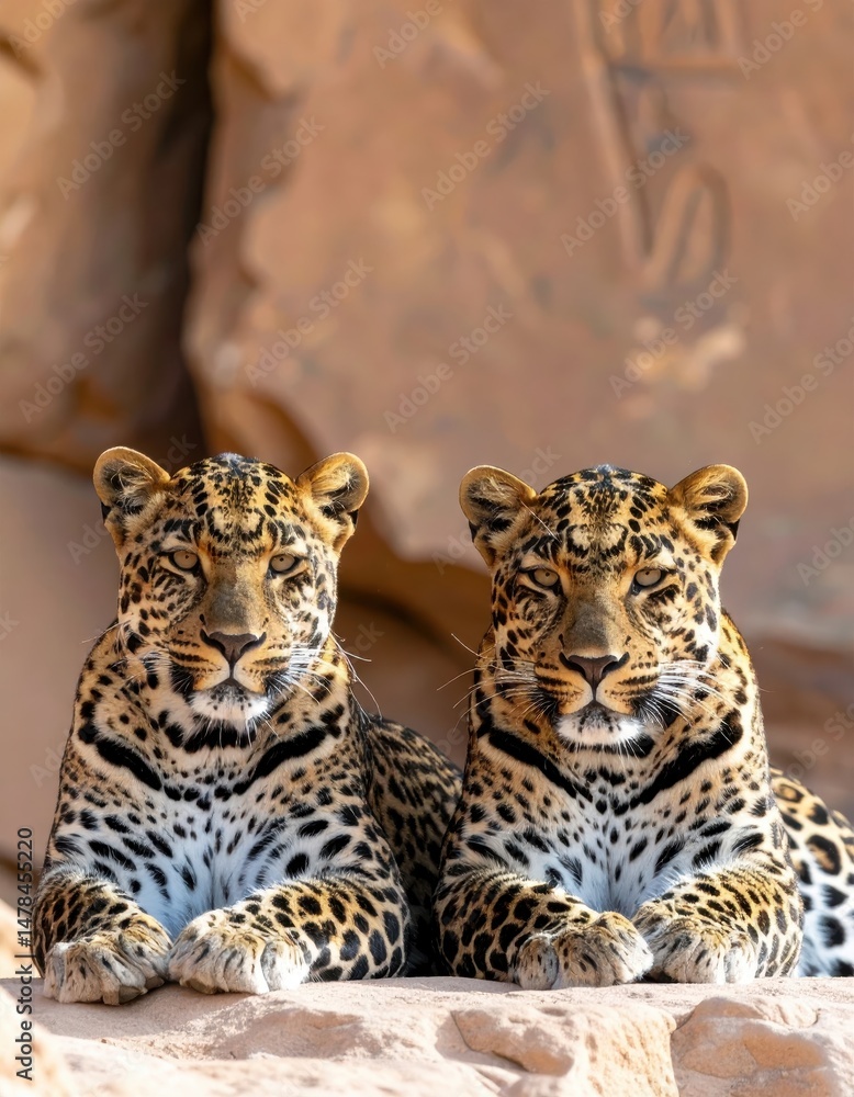 Fototapeta premium Two Majestic Leopards Resting Together on a Sunlit Rock Formation in Their Natural Habitat Under a Clear Blue Sky