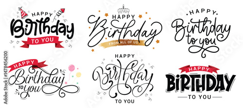 Happy birthday calligraphy text clipart set. Birthday greeting and wishes typography text for invitation card in handwriting, cursive and lettering font style clip art collection vector illustration.
