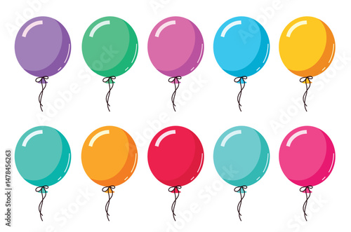 Balloons elements clipart set. Colorful inflatable floating balloon clip art collection with bow tie in glossy and latex drawing object for birthday party celebration vector illustration.
