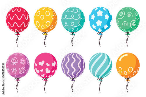 Birthday balloon elements clipart set. Colorful and printed pattern inflatable floating balloon clip art collection for birthday party celebration drawing object vector illustration.
