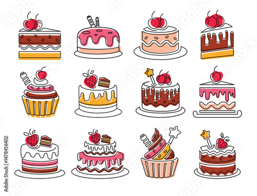 Birthday cake outline clipart set. Colorful cupcake drawing icon clip art collection for birthday, anniversary and wedding celebration sweet dessert vector illustration.
