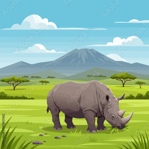 Rhino Grazing in Grassy Savanna with Mountain Backdrop Scenic View