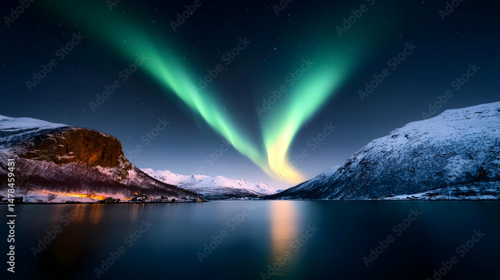 Naklejka premium Spectacular Aurora Borealis Over Snowy Fjord Landscape