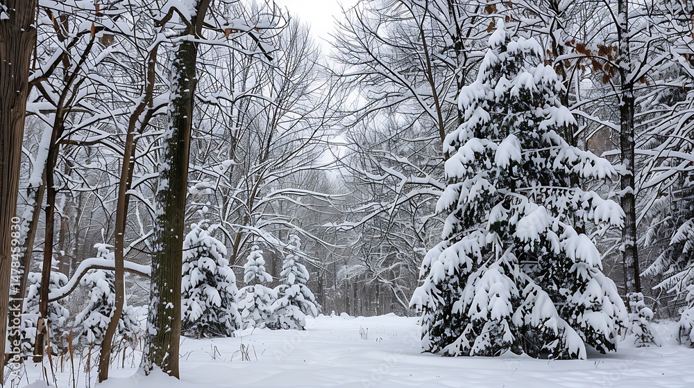 Naklejka premium Snow Covered Winter Forest Landscape With White Snow And Trees In Daylight