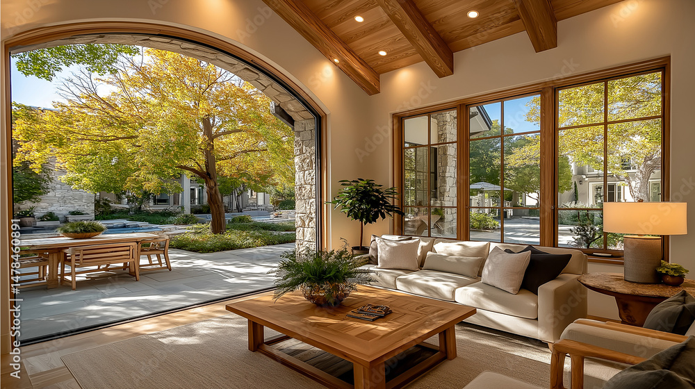 Fototapeta premium Elegant Living Room Oasis: A sun-drenched living room with a seamless connection to an inviting outdoor space, offering a serene view of lush trees and a tranquil pool.