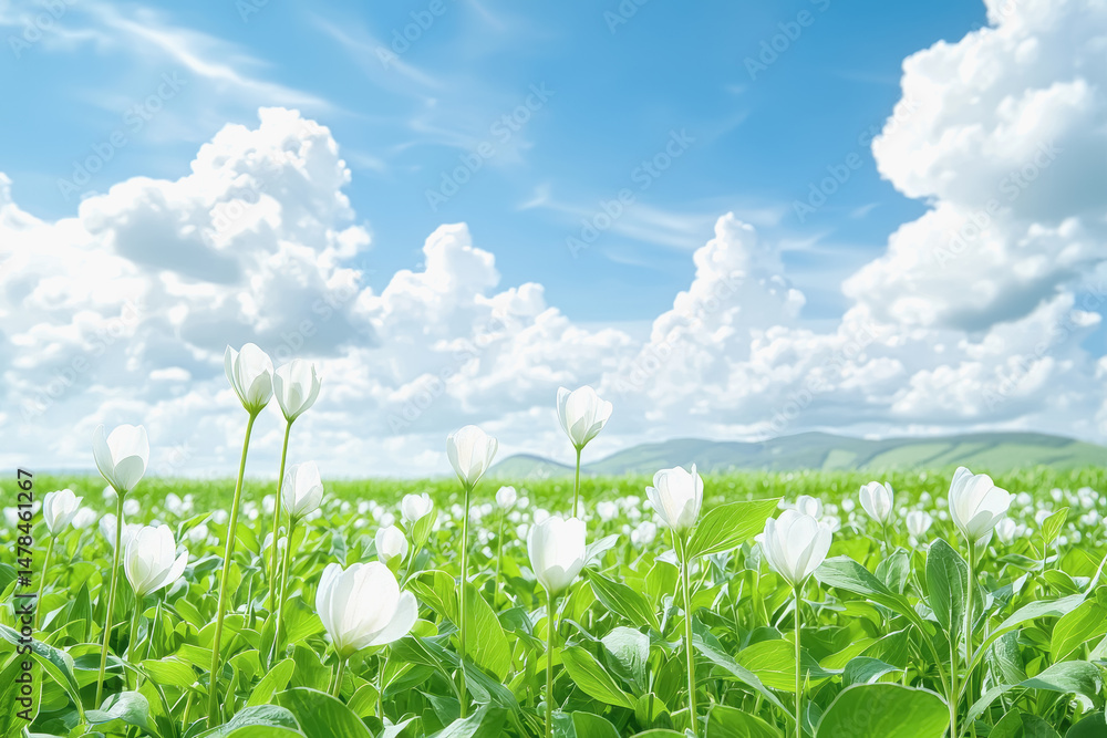 Fototapeta premium Expansive field of delicate white flowers gently swaying in the breeze under a clear blue sky at dusk