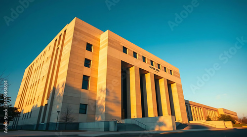 A monumental brutalist government building from the late 1970s, designed with massive cantilevered concrete volumes and sculptural voids, rising against a clear sky. created by generative ai
