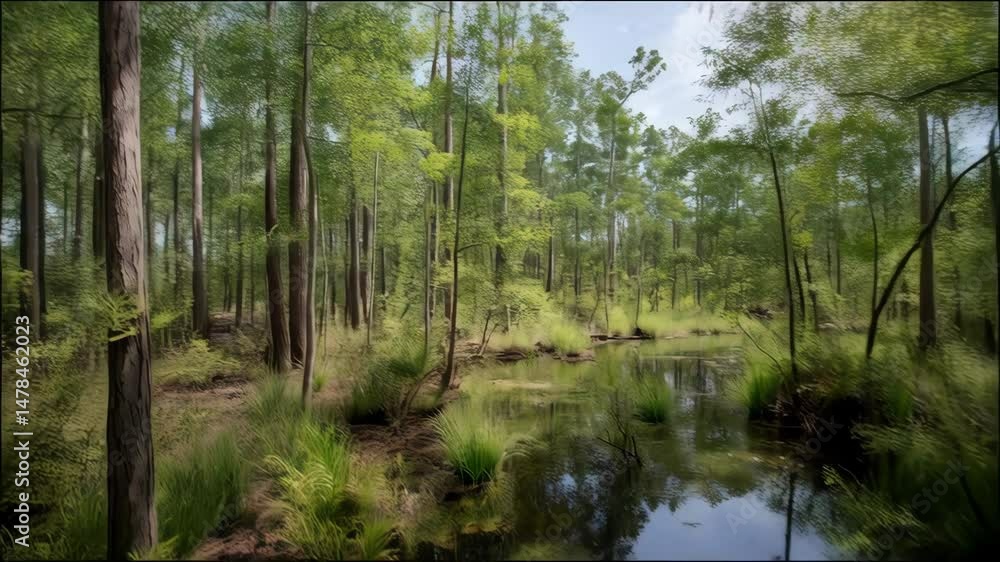 Dense woodland scene with a slow-moving river flowing through the green trees and plants creating an inviting nature landscape Dense woodland scene with a slow-moving river flowing through the green trees and plants creating an inviting nature landscape