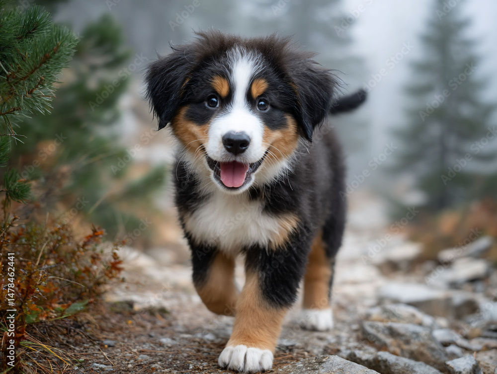 Fototapeta premium Playful puppy strolls on mountain path