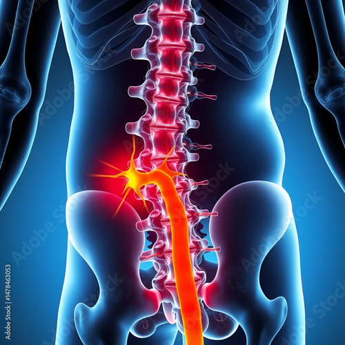 Forominal stenosis lumbar illustration. Nerve root compressed.