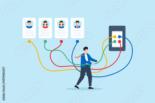 Flat illustration of human resource manager connecting colored wires from candidate profiles to job slot in recruitment panel to match skills and hiring needs