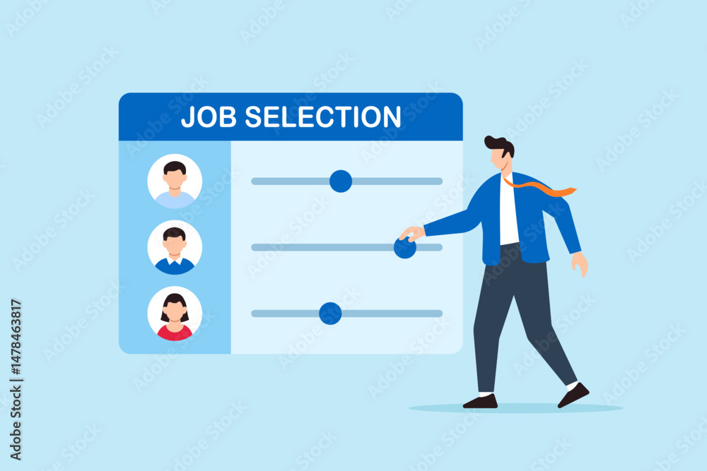Flat illustration of human resource manager adjusting qualification sliders on job selection dashboard to evaluate candidates for recruitment process Flat illustration of human resource manager adjusting qualification sliders on job selection dashboard to evaluate candidates for recruitment process