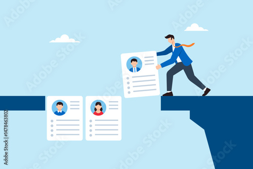 Flat illustration of human resource manager building bridge using candidate resumes to connect recruitment and onboarding process in HR workflow