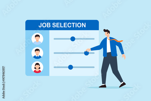 Flat illustration of human resource manager adjusting qualification sliders on job selection dashboard to evaluate candidates for recruitment process