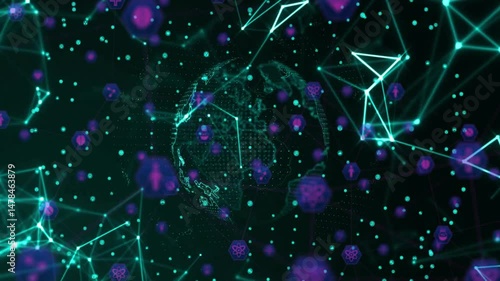 Glowing digital globe being animated in flat design, showing turquoise nodes and purple hex icons