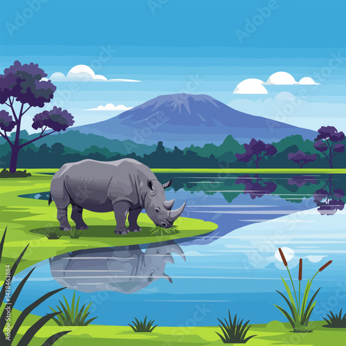 Rhino Grazing Near Lake with Mountain View in Tranquil Landscape