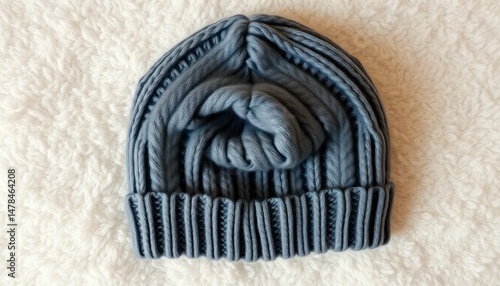 Stylish blue knitted cap rests on a soft, textured white surface for cold weather fashion