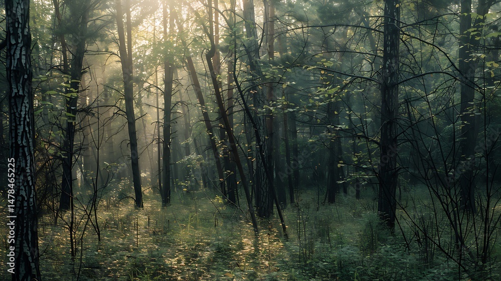 Fototapeta premium Sunlit Forest Scene Showing Trees Sunlight And Green Foliage In A Peaceful Setting