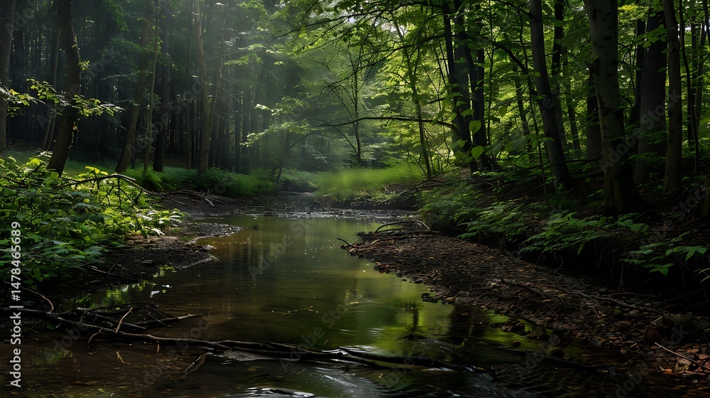 Fototapeta premium Sunlit Forest Stream Scene with Water Reflections and Green Foliage in a Tranquil Environment