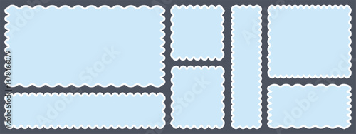 Blue postage stamps set. Post stamp frames and borders. Ellipse, rectangle, square template for mail, postcard, letter, note. Jagged wavy edge forms. Vector zigzag objects for badge, sticker