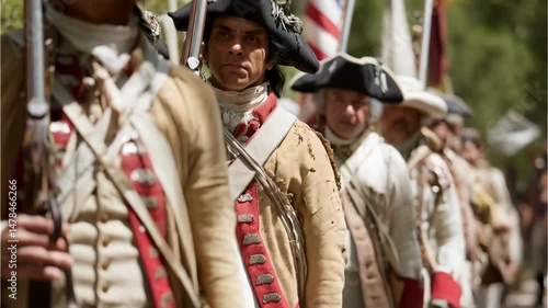 Continental Army soldiers in formation carry rifles with flags flying in background, portraying American Revolution concept